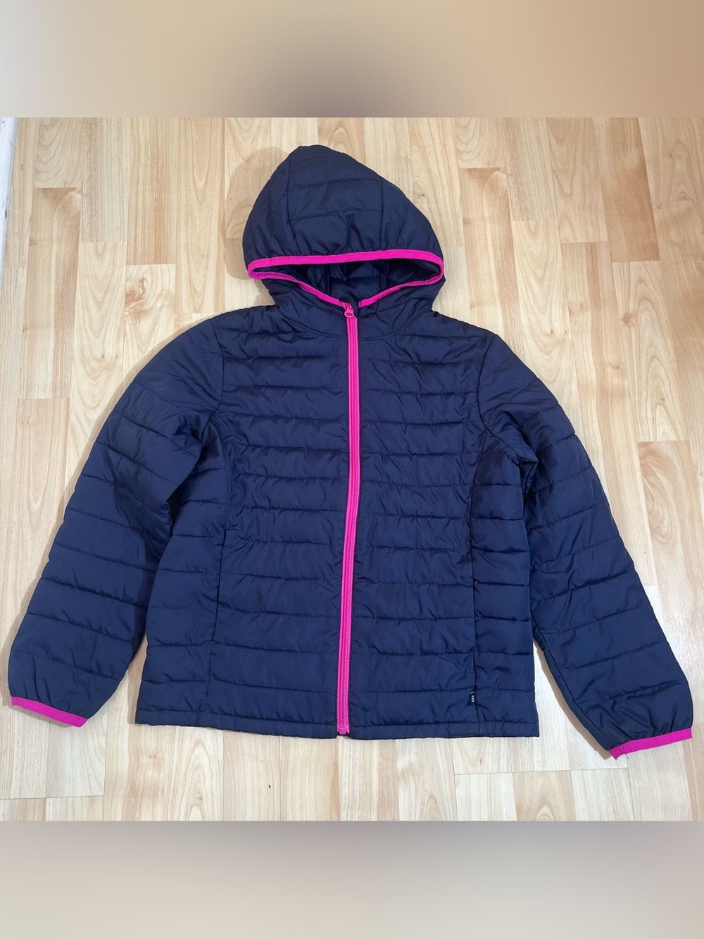 Gap Kids girls navy blue hooded quilted puffer jacket a bright pink zipper large